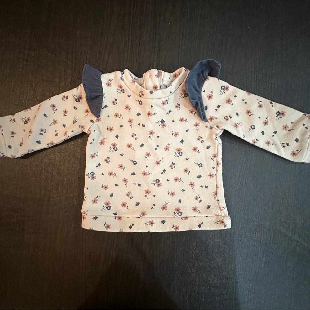 Nicole Miller Peach Floral Long Sleeve Top Navy Flutter Accent Sz 12M